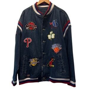 DTEK Men's Blue Denim Button Up Jacket Hardball Classics Sports Team Patches 2XL